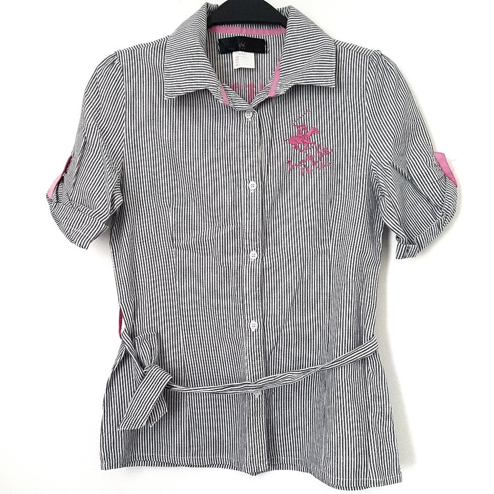 Beverly Hills Polo Club Gray/White Stripe Top, L